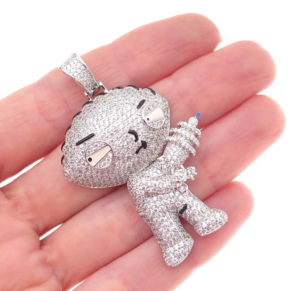 925 Sterling Silver Enamel & C Z Stewie Griffin Pendant